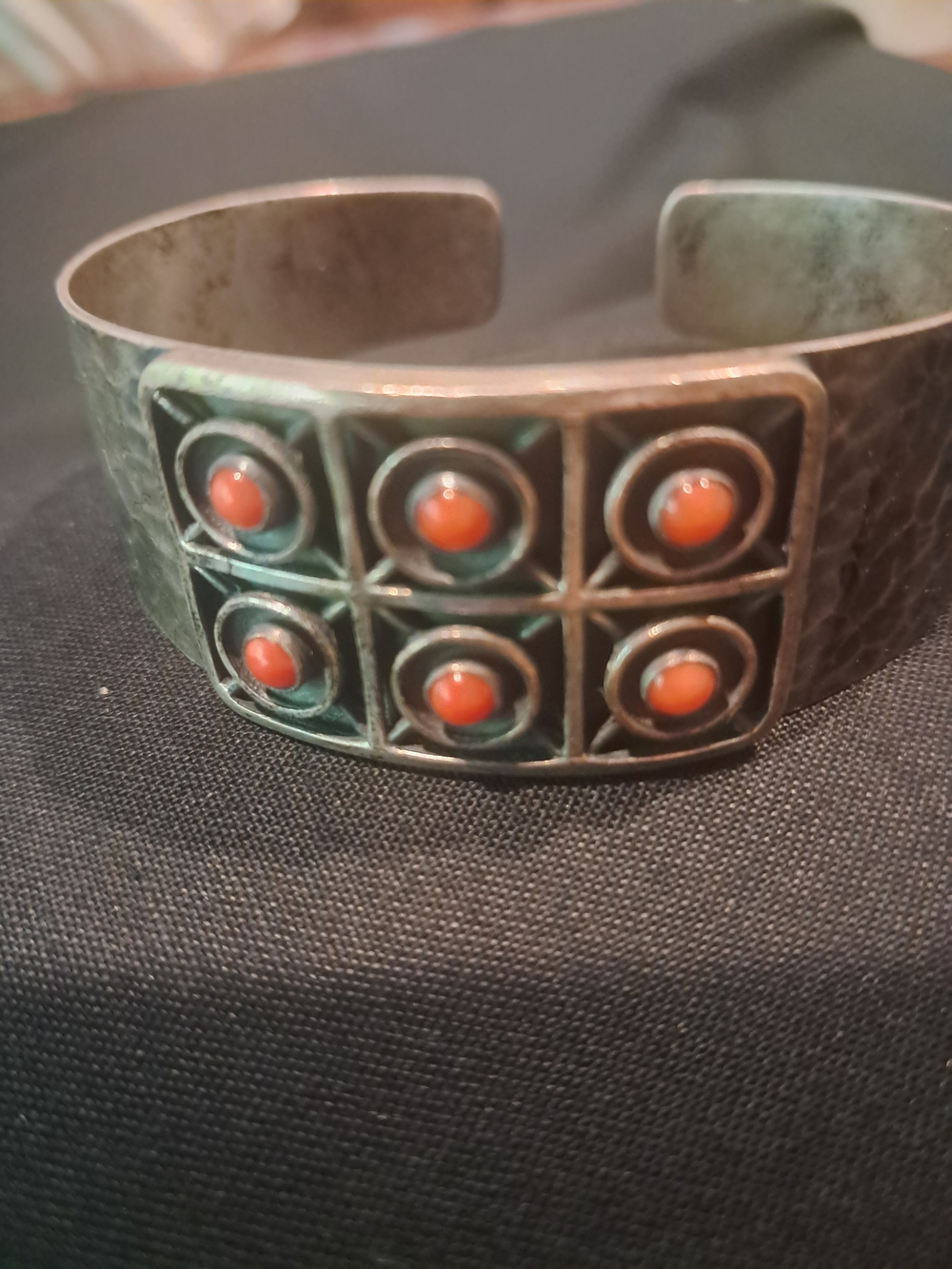 Sterling Silver Cuff Bracelet with Orange Coral Accents